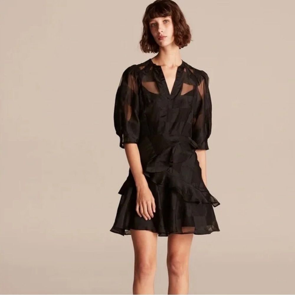 REBECCA TAYLOR Silk-Linen Organza Ruffle Mini Dress Black Size 2 NWT
